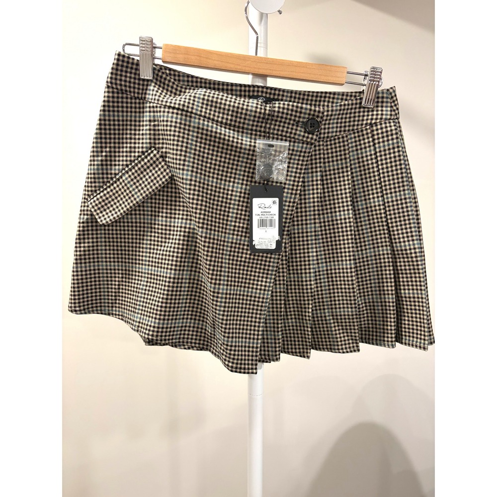 Retro 90s Y2K Rails Adriana Teal Multi Check Pleated Wrap Mini Skirt NWT Size 6